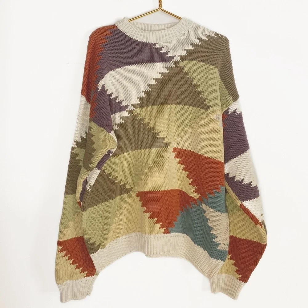 Vtg Perry Ellis knit Grandpa Sweater Geometric Triangle Colorful Mens size L